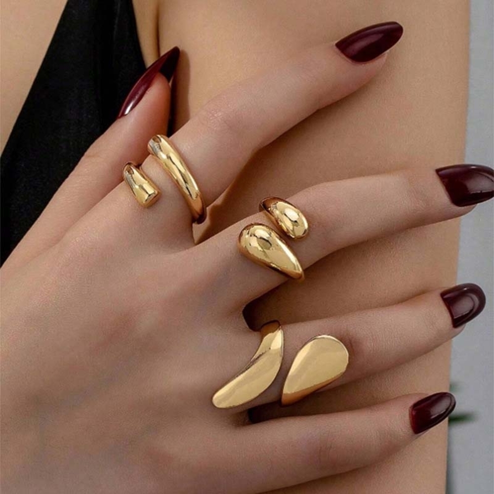 3 Piece Set Gold-Tone Adjustable Statement Rings